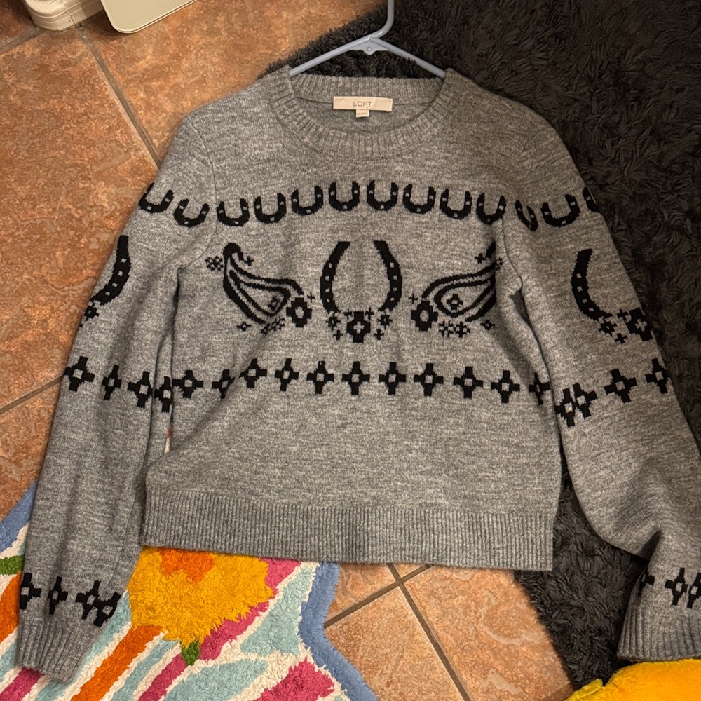 LOFT Gray Crewneck Sweater with Black Paisley & Horseshoe Motif